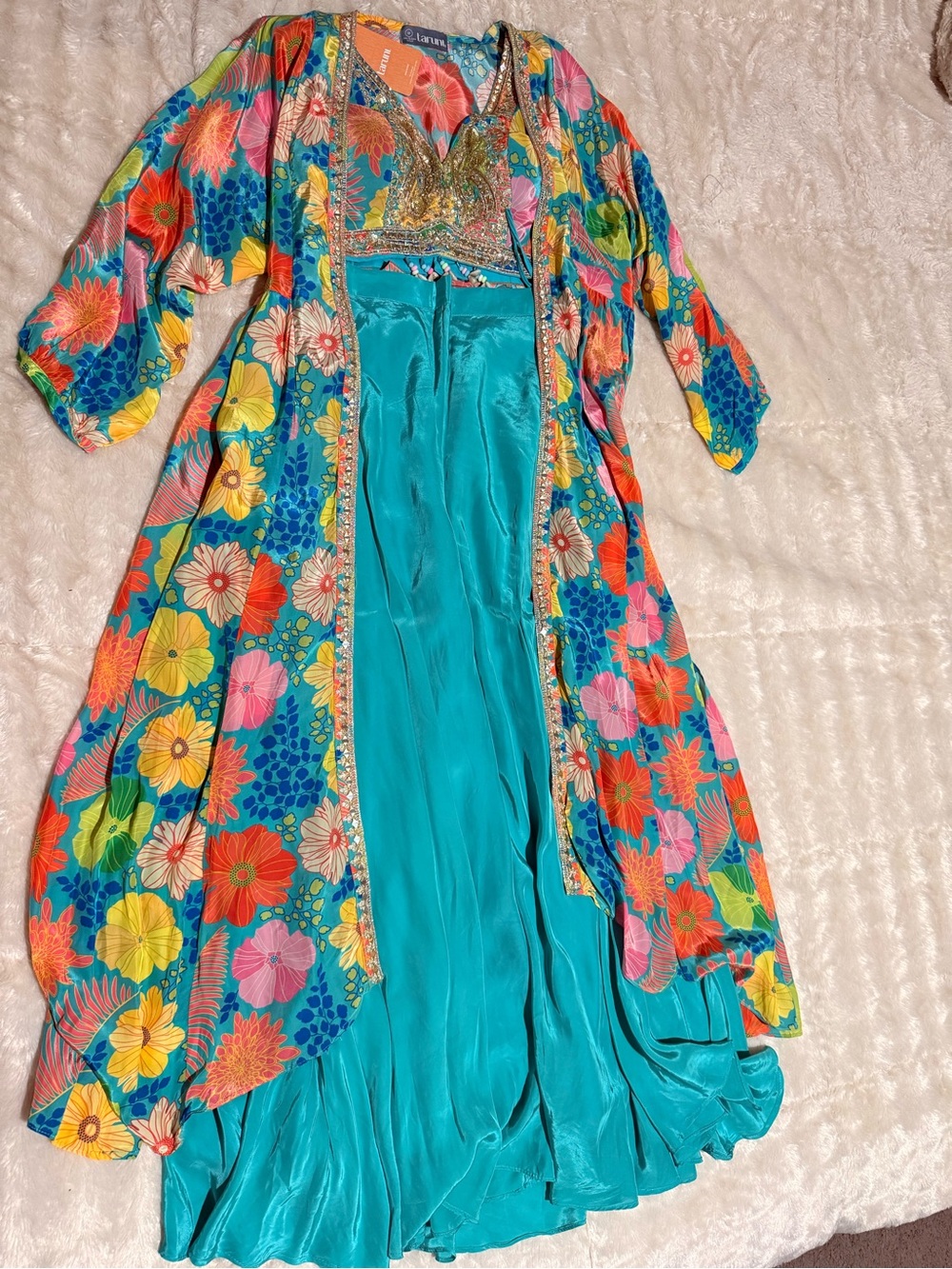 Indian ethnic Teal & Multi Floral Indo western 3 pc set M